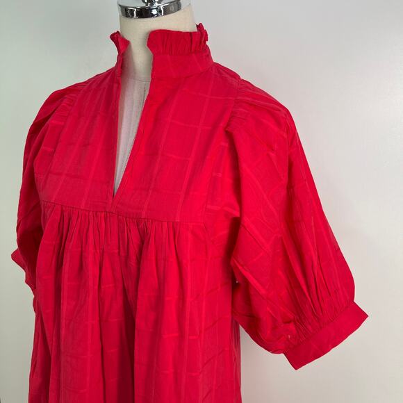 Never A Wallflower High Neck Dress Red Cotton Windowpane - Picture 2 of 8